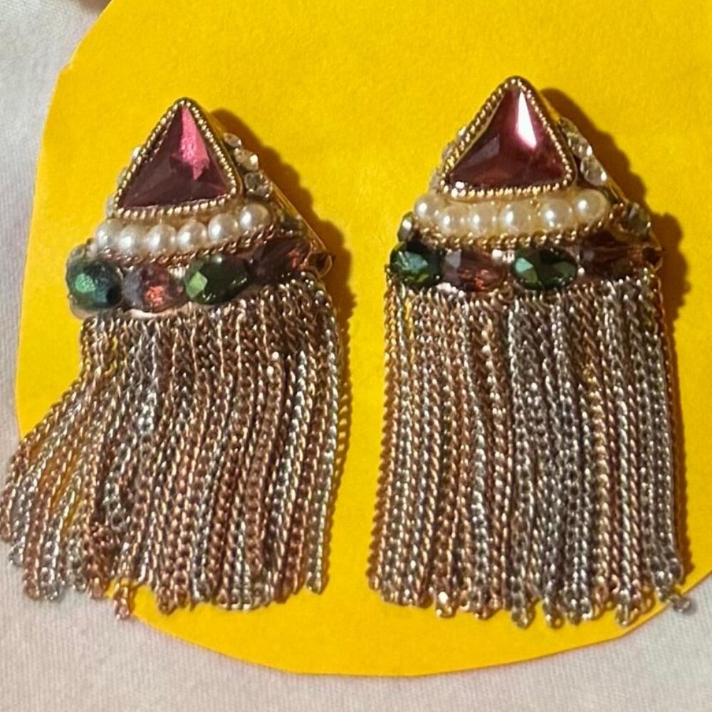 Vintage Costume Jeweled Tassel Dangle Earrings